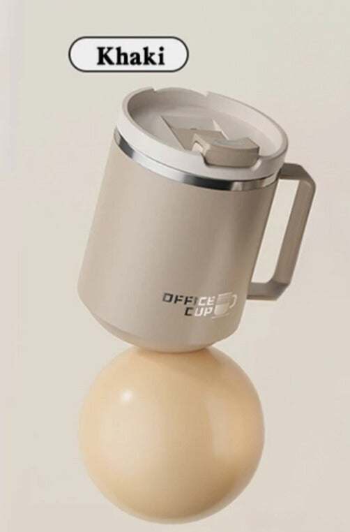 Khaki insulated coffee mug, 500ml stainless steel, durable design.