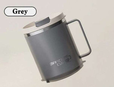 Grey insulated coffee mug, 500ml stainless steel, durable and stylish.