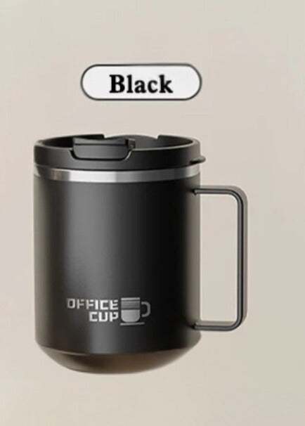 "500ml black insulated stainless steel coffee mug with vacuum-sealed design, durable and stylish, ideal for hot and cold beverages."